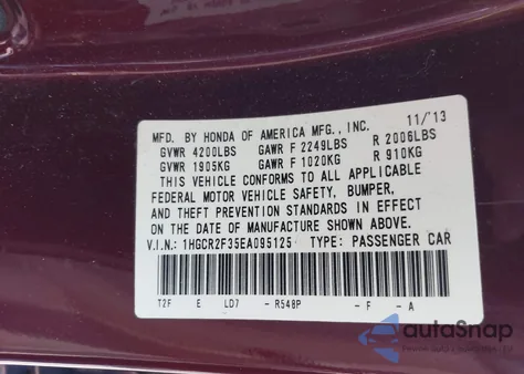 2014 Honda Accord Lx z USA, uszkodzony, nr VIN 1HGCR2F35EA095125